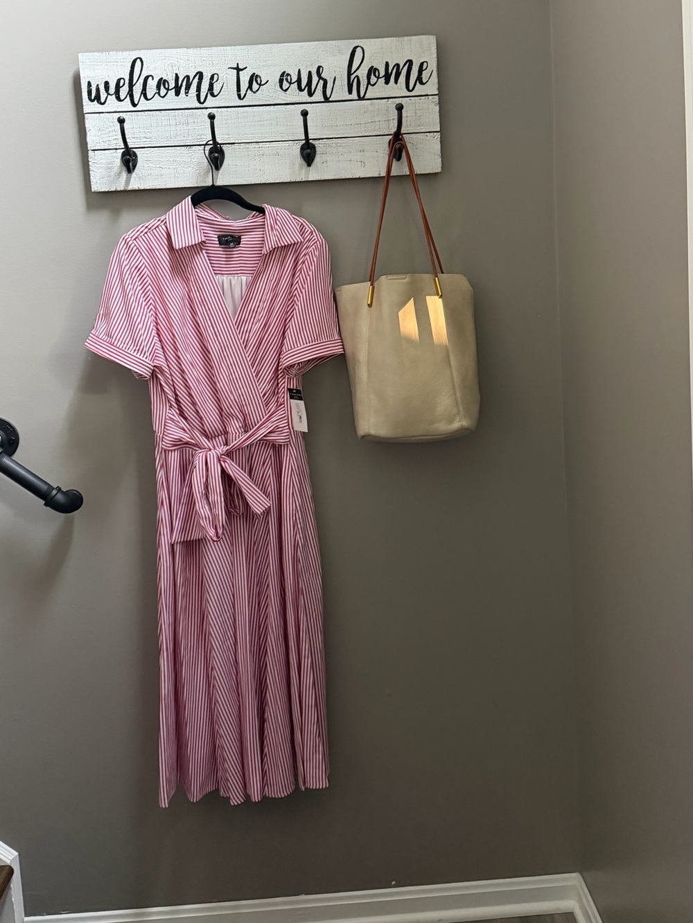 Ladies' Pink Striped Wrap Midi Dress with Belt